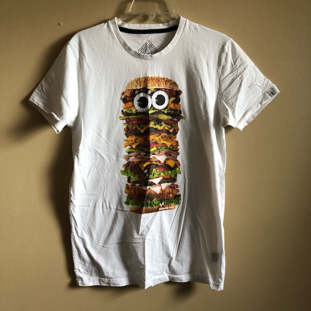 Square Burger Print Short Sleeve Crew Neck Cotton Top Tee T-shirt Blouse C